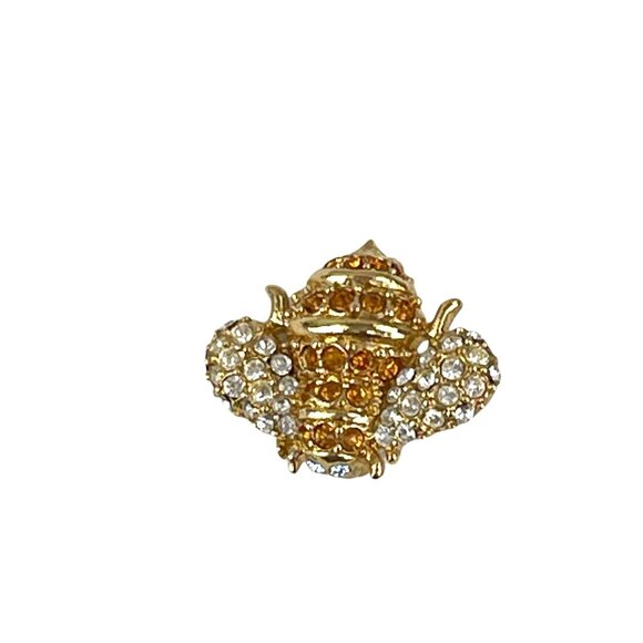 Monet Rare Gold Tone Bee Brooch With Orange & Clear Crystals - Picture 6 of 13
